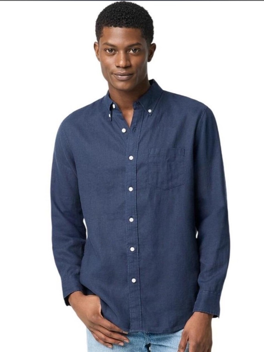 J. Crew Linen Navy Button-Down Long-Sleeve Shirt